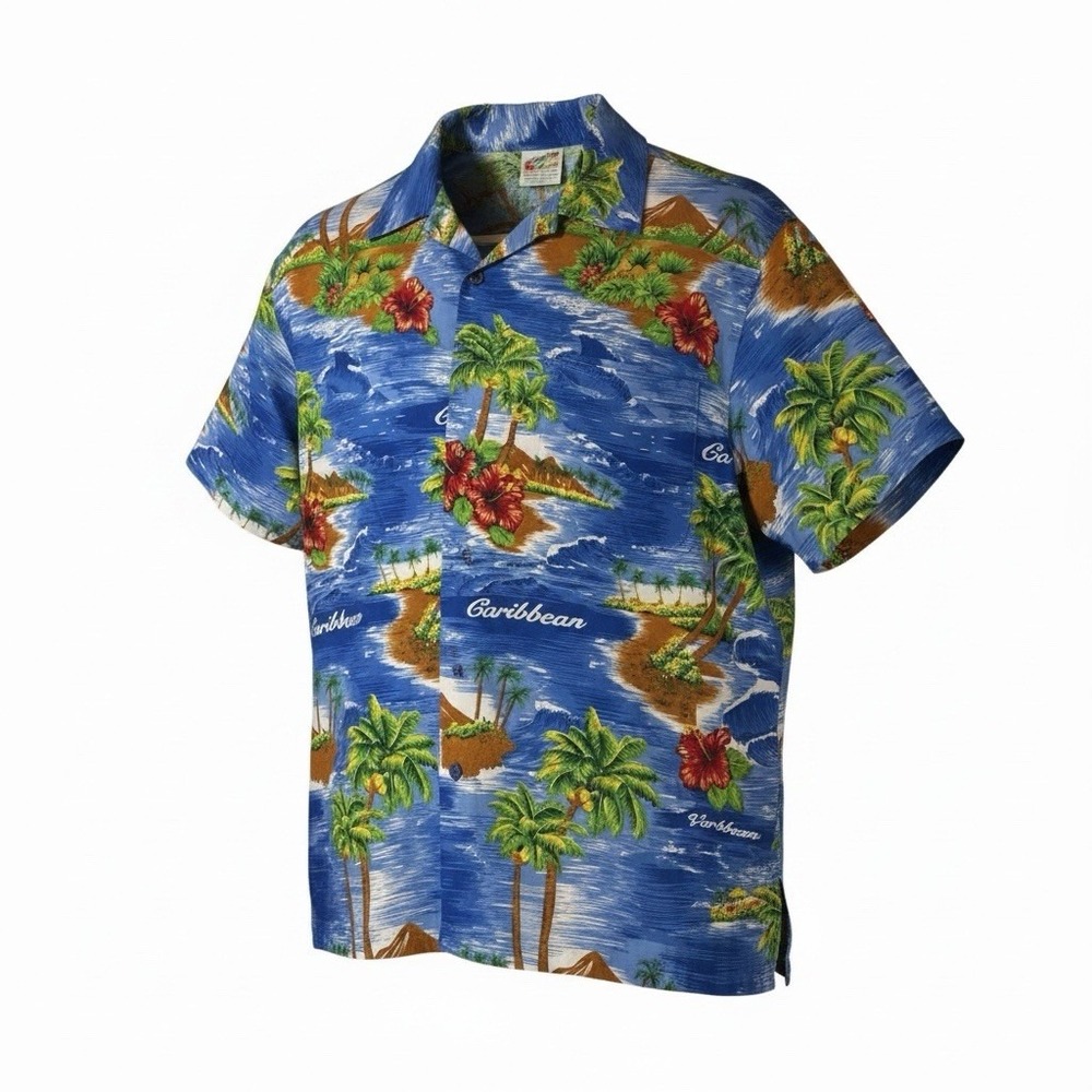 Rima Men Blue Caribbean Paradise Scenic Hawaiian Button Up Shirt Size M
